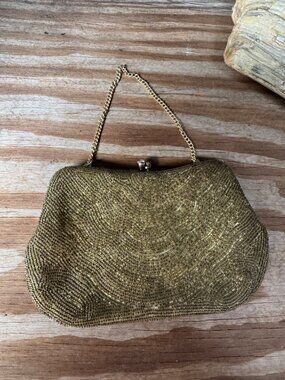 Vintage Beaded Evening Bag Purse Gold Glass Seed Beads Chain Handle Kiss Lock